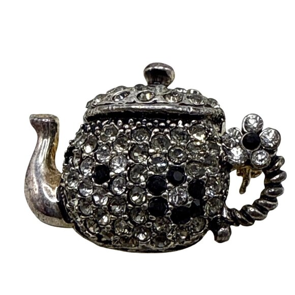 Rhinestone-Encrusted Teapot Brooch Pin With Flower Handle Silver-Tone & Black De - Picture 4 of 5